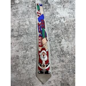VINTAGE CHRISTMAS SANTA CLAUS Gray Red Fine SILK NECK TIE Ho Ho Ho Handmade